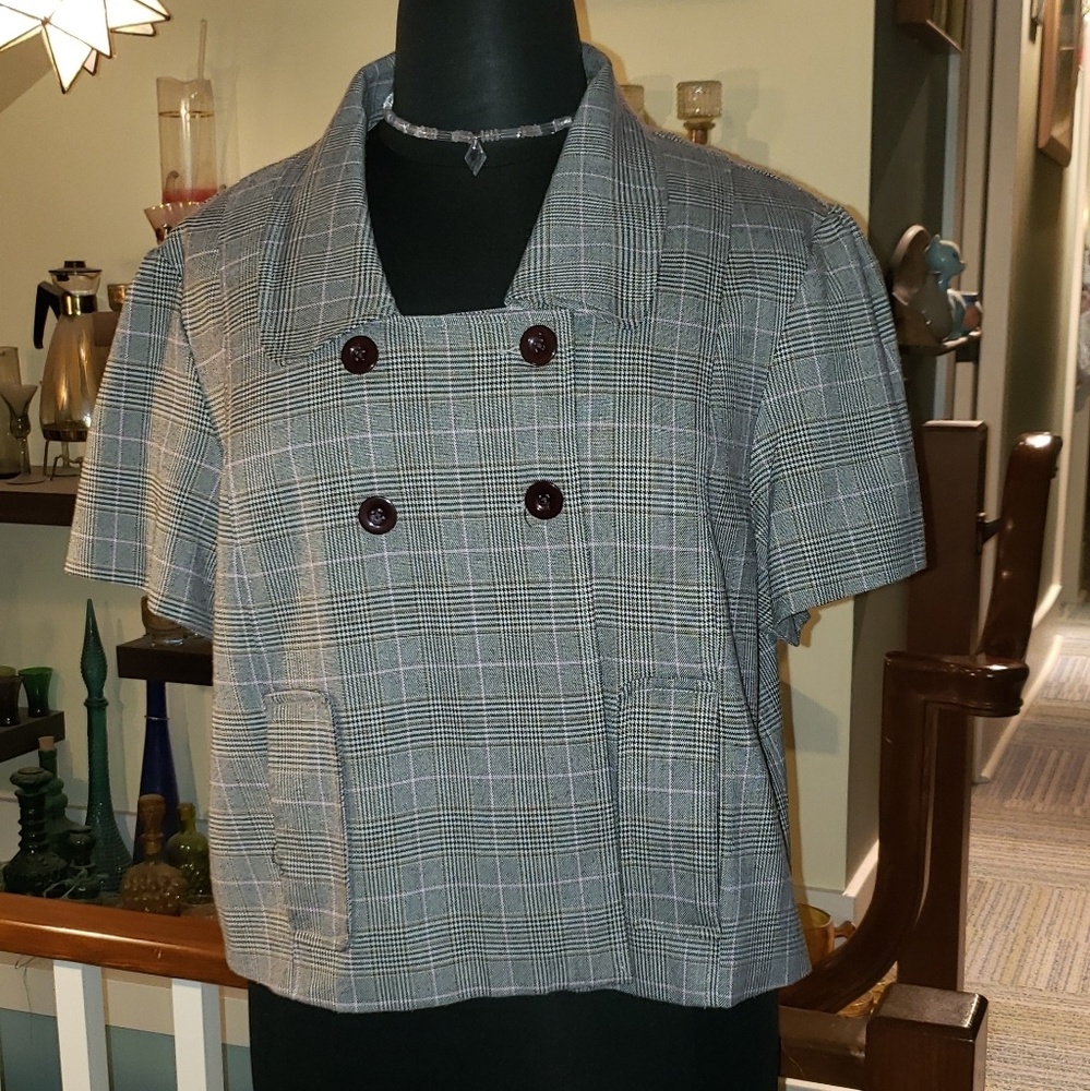 LEI Womens Gray Windowpane Plaid Cropped Jacket
